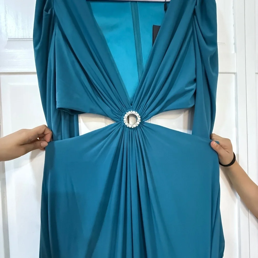 NWT |Mac Duggal 26727 Ocean Blue Jersey Puff Sleeve Cut Out Gown Size 12 - Picture 8 of 12